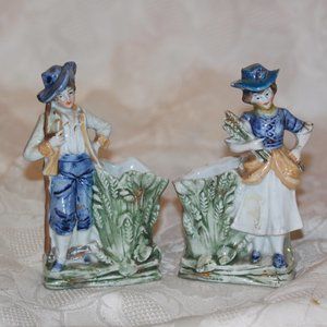 Vintage Pair German? Toothpick holders Small Vases Man & Woman Ceramic Porcelain